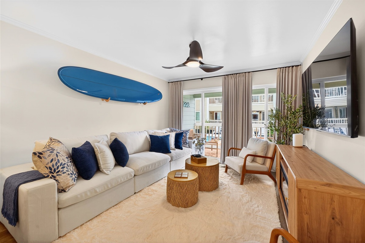 Living Room | Beach Break | IOP Escapes Vacation Rentals | 1400 Ocean Blvd 106B, Isle of Palms SC