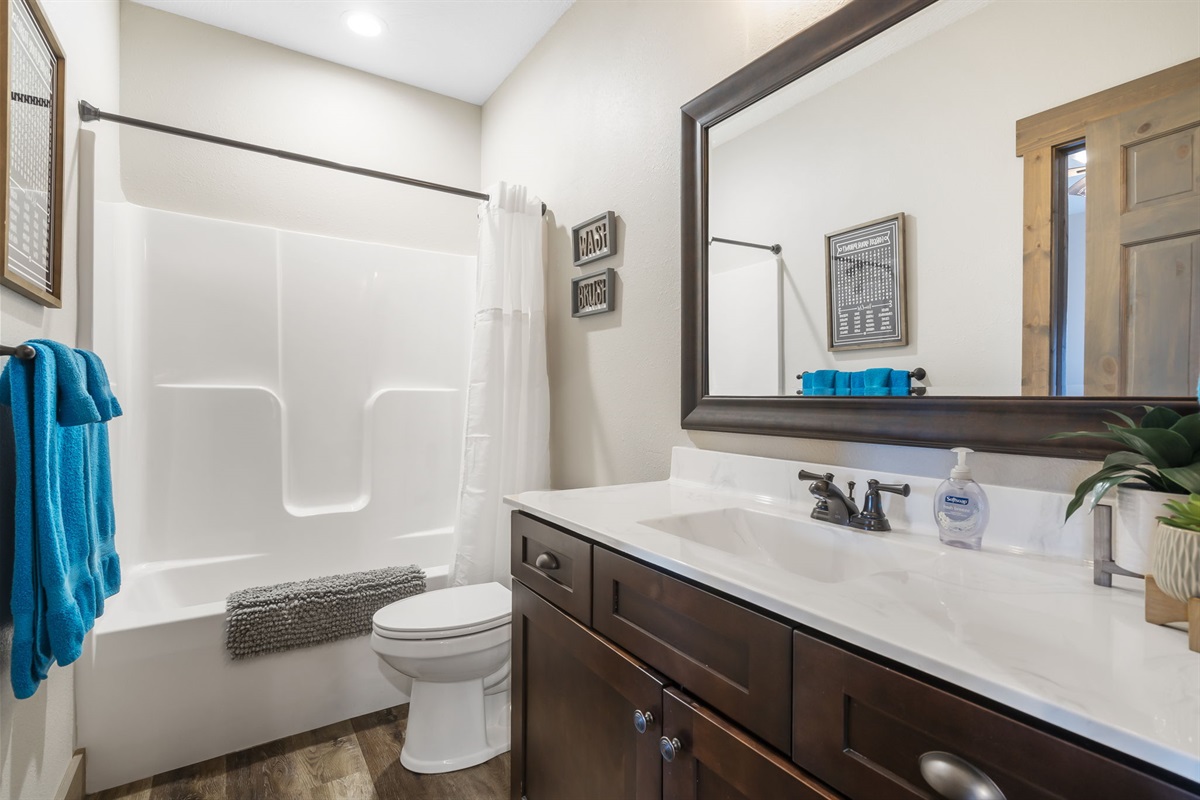 Bathroom for lower level queen beds, open to game room as well.