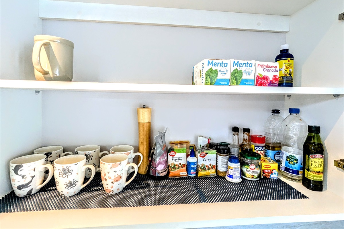 Basic kitchen spices and items are provided