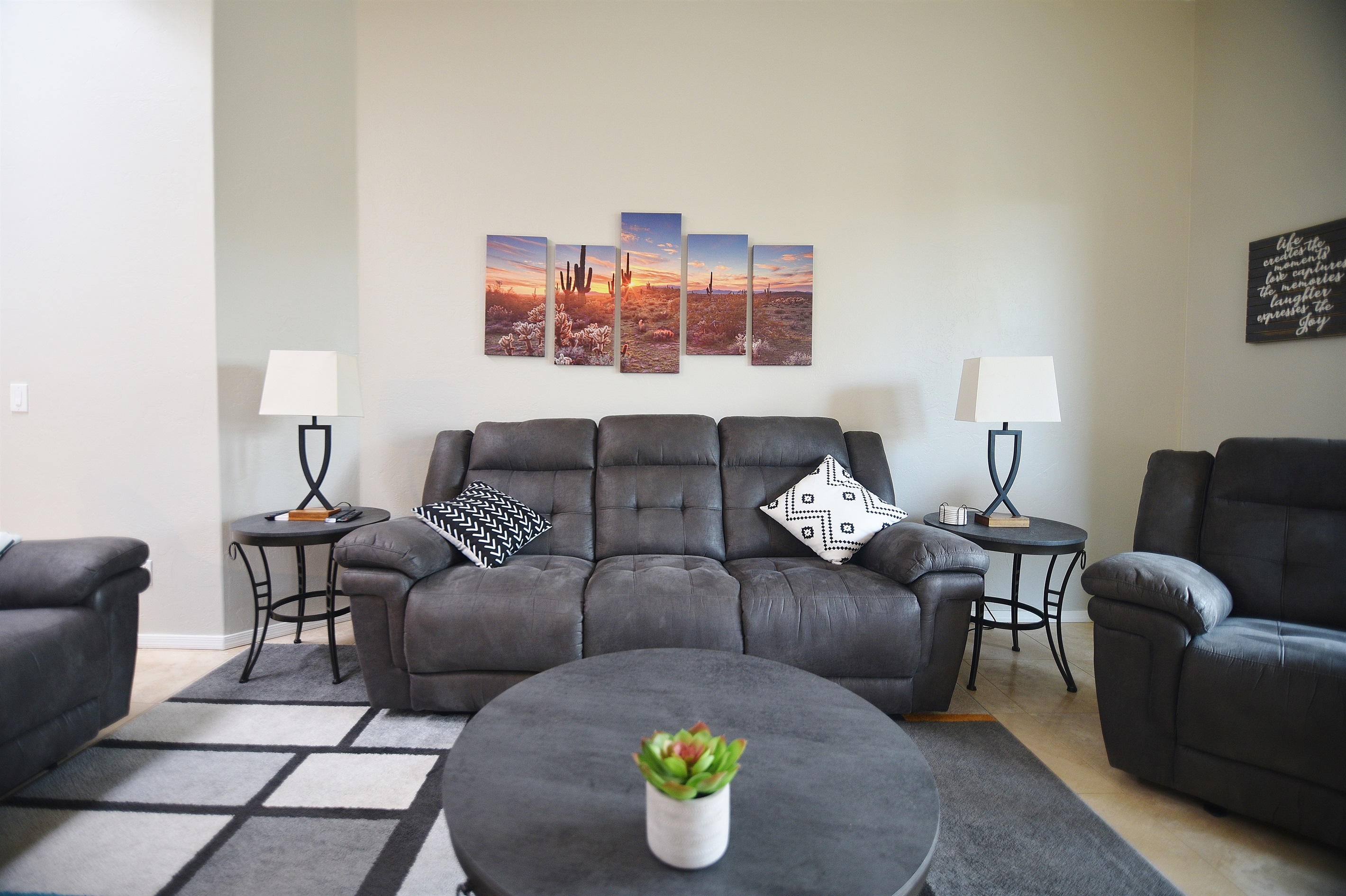 Comfortable seating for six people. Put up your feet while watching your favorite movie or TV show.