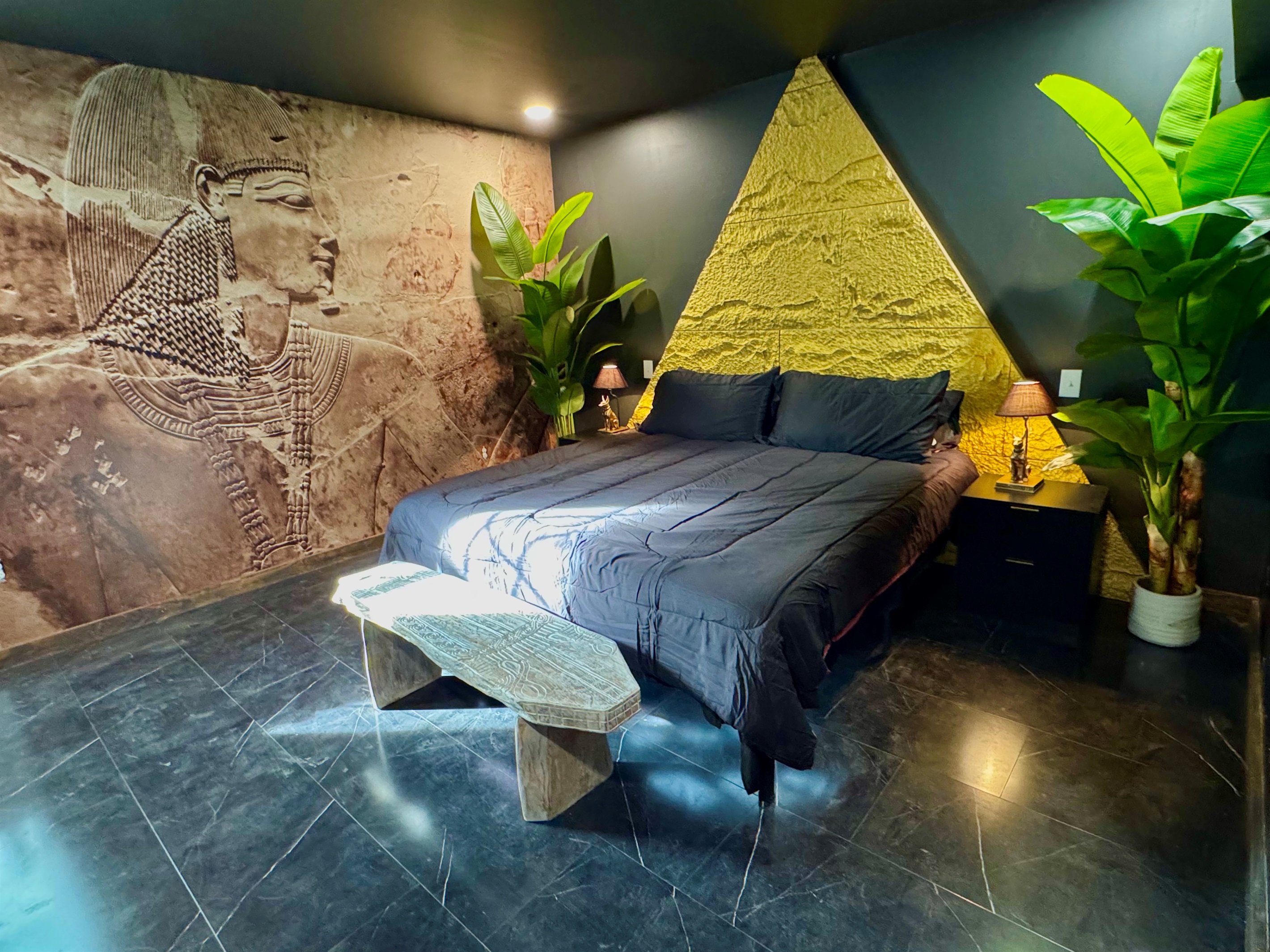 Gold stone headboard and 75” smart TV!