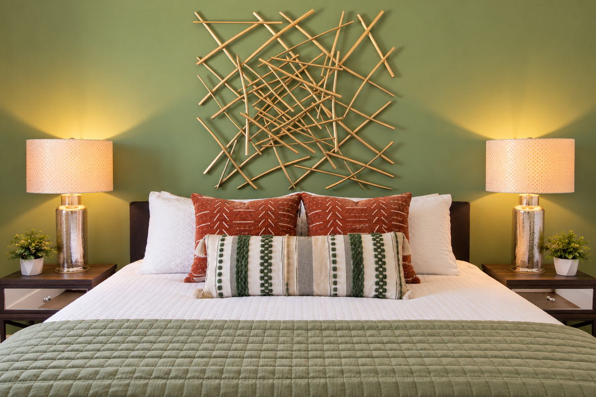 “Thoughtfully decorated bedroom designed for deep relaxation.”