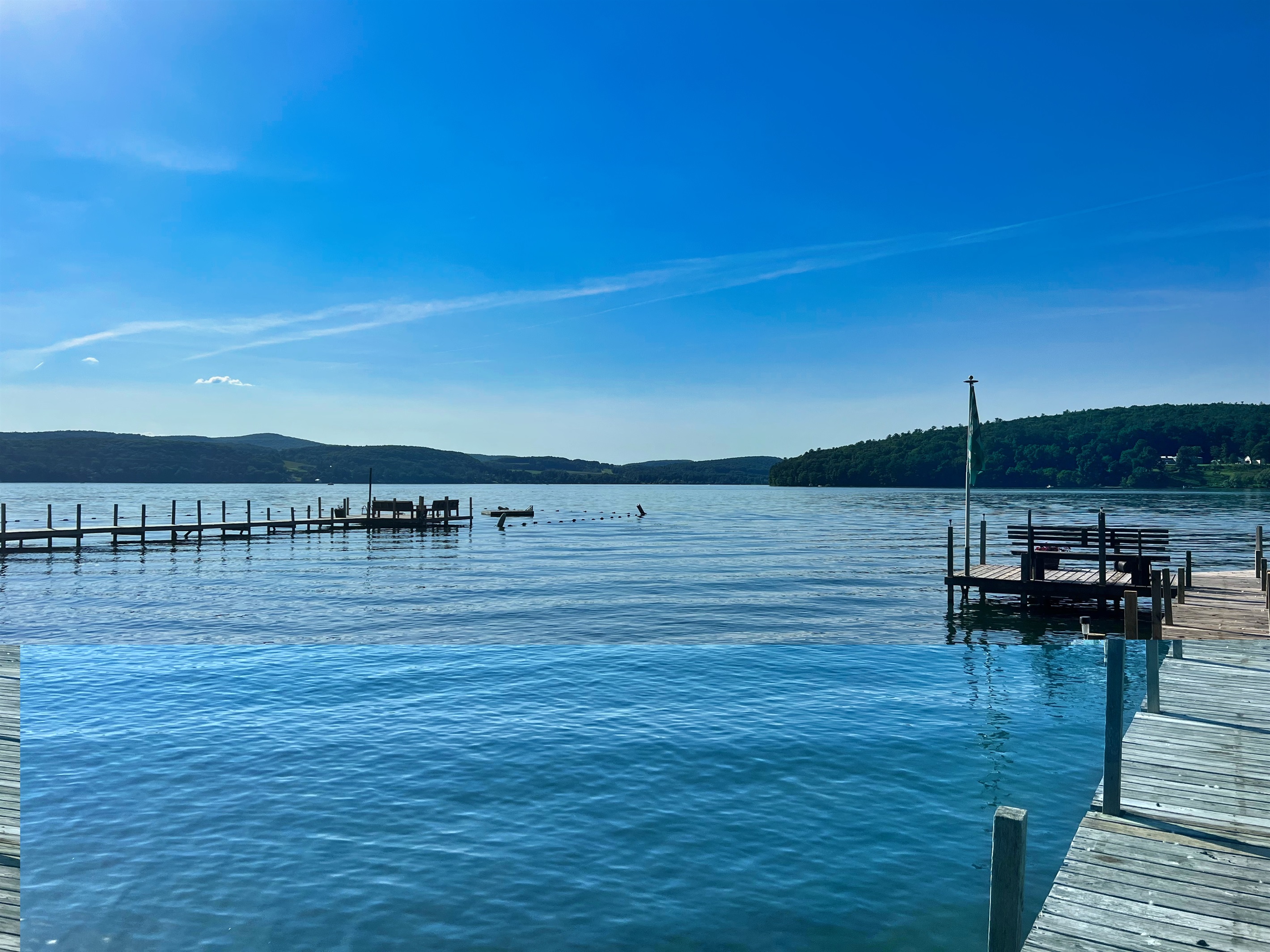 The view from Hyde Bay boating dock looking towards the swim dock, beautiful Otsego lake surrounds.
