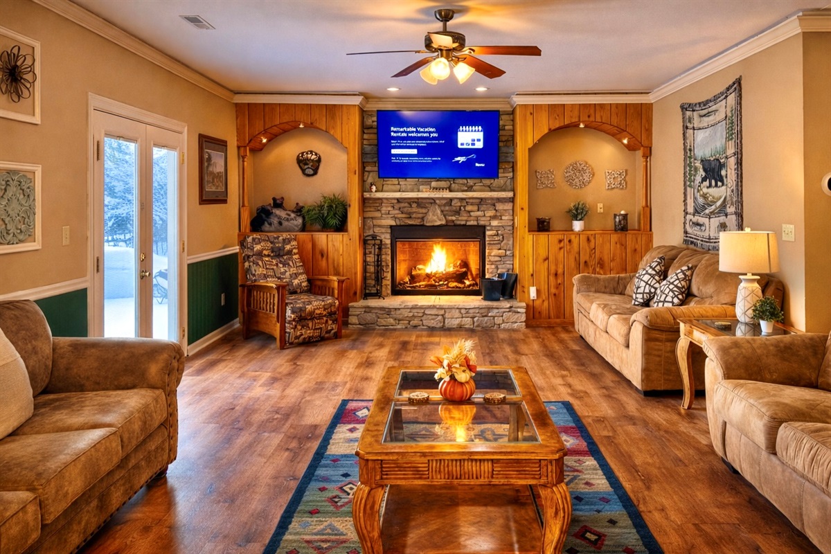 Sit in the warmth of the fireplace after a Winter day out exploring, skiing, or tubing! Lots of seating means everyone can be together!