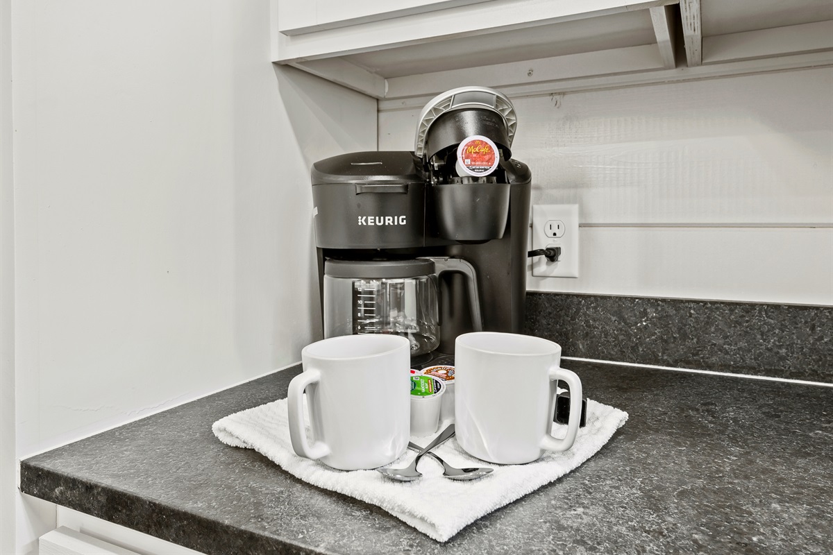 Kickstart your vacation days with our convenient coffee station—a warm cup and adventure awaits.