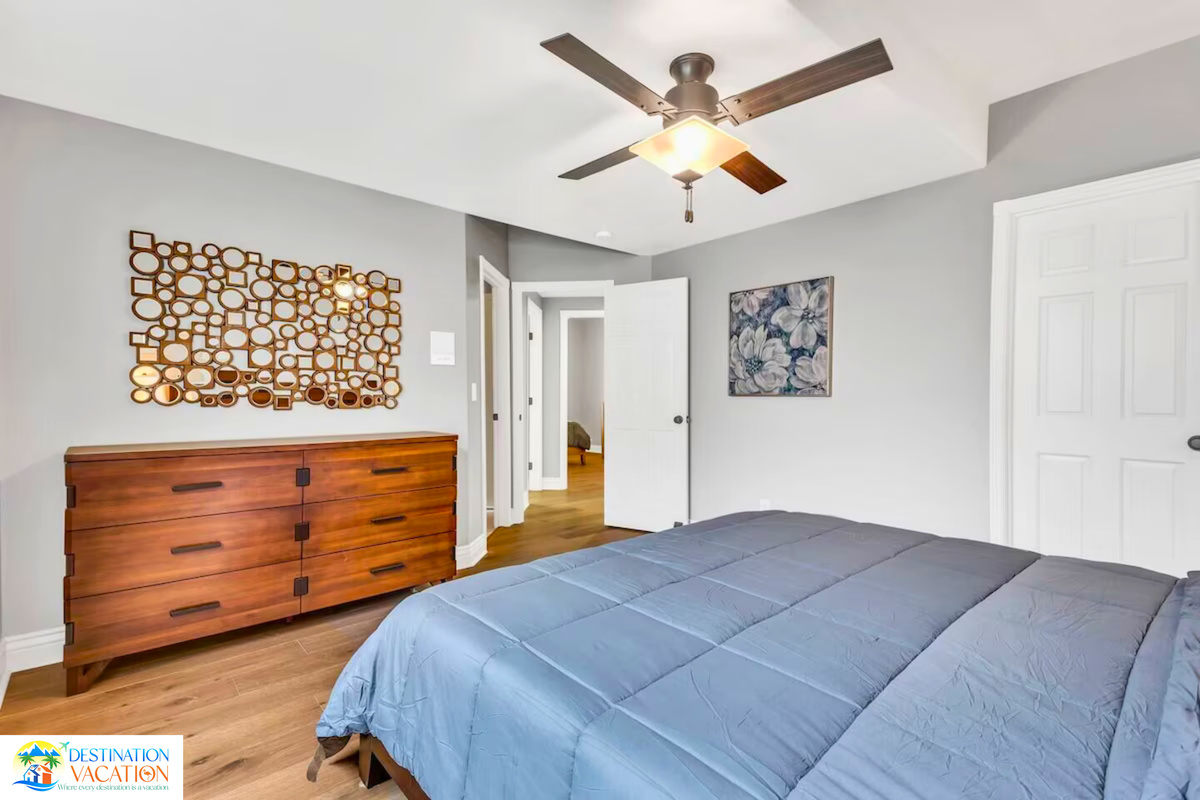 Cozy bedroom retreat with warm wood accents and comfort.