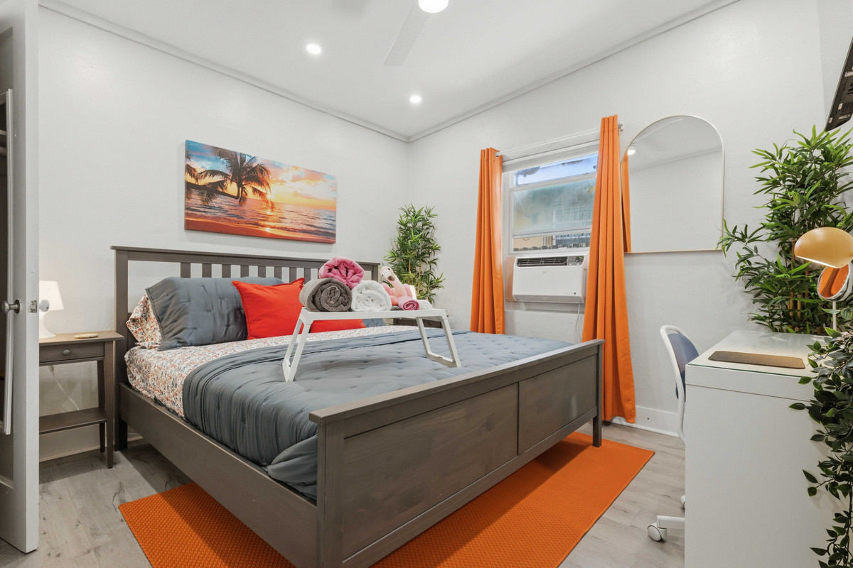 Room 2 - King Bed, Two Nightstands, Two Night Lamps, 55-inch TV, Closet, Cabinet w/ Drawers, Desk, Chair, Lamps, Face Mirror, Body Mirror, Ceiling Fan, Dimmer Lights