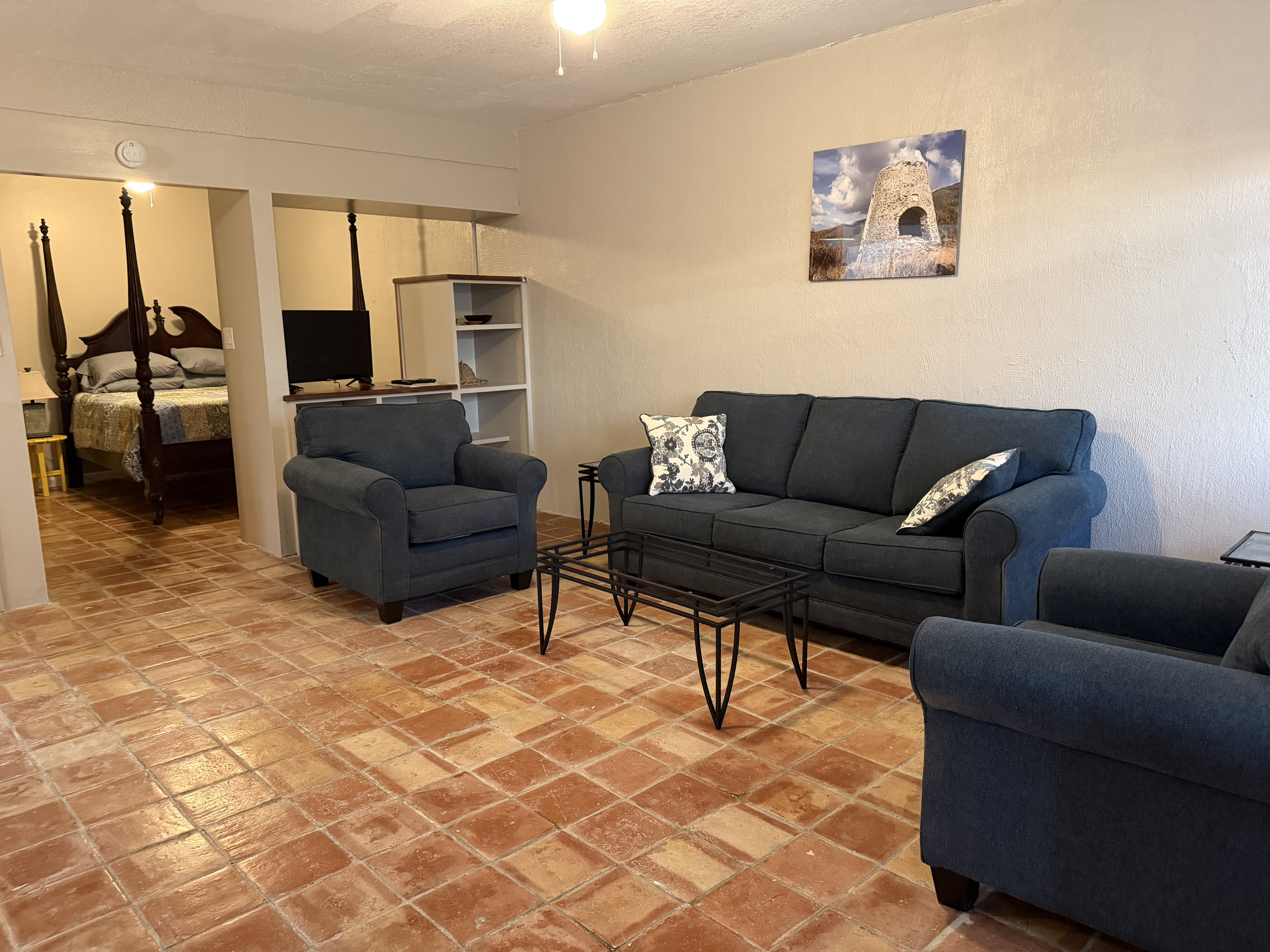 The open layout connects seamlessly to the bedroom and includes a TV unit, built-in shelving, and large sheer-curtained windows for soft natural light.