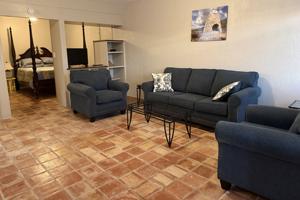 The open layout connects seamlessly to the bedroom and includes a TV unit, built-in shelving, and large sheer-curtained windows for soft natural light.