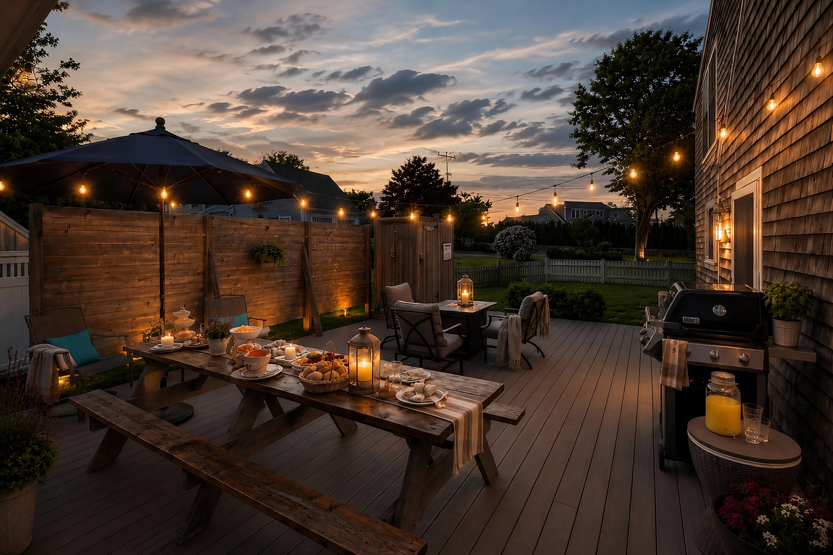 Gather under the stars on the spacious deck, complete with outdoor dining and cozy evening ambiance.