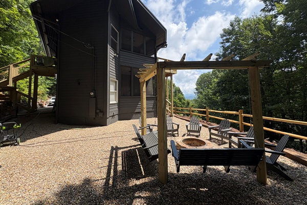 Firepit with Pergola Swings & Polywood Adirondack Chairs
