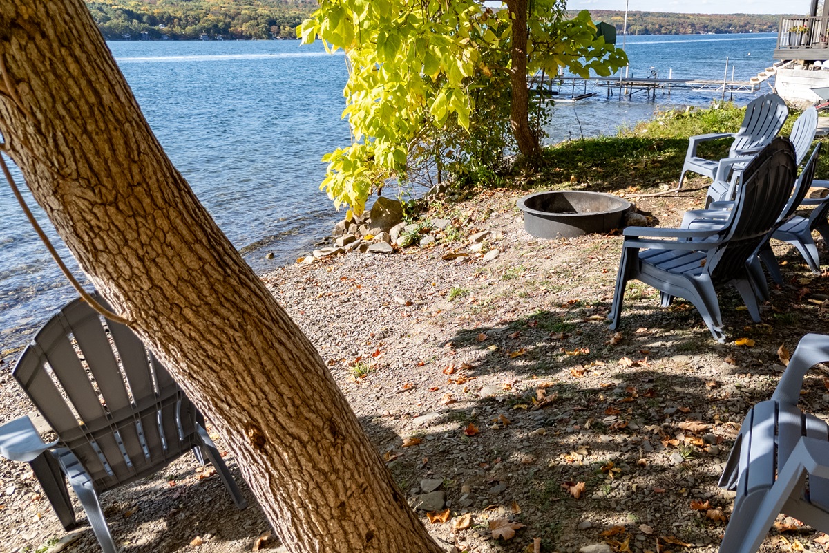 Closer view of lakeside fire-pit and seating positioned between trees.