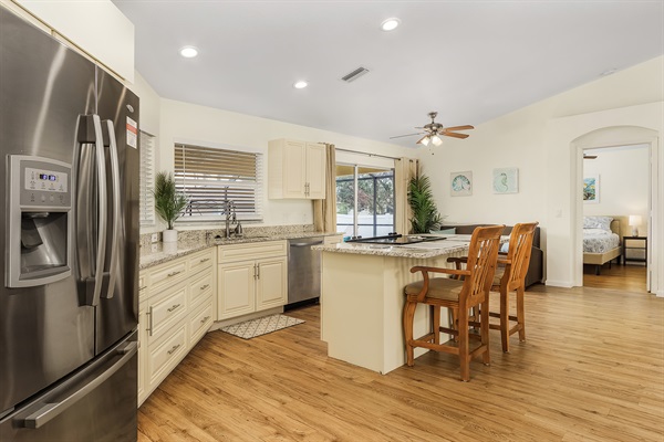 A fully equipped and stocked kitchen.