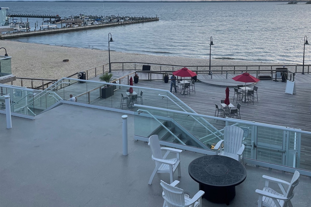 View of bay and boardwalk from rooftop