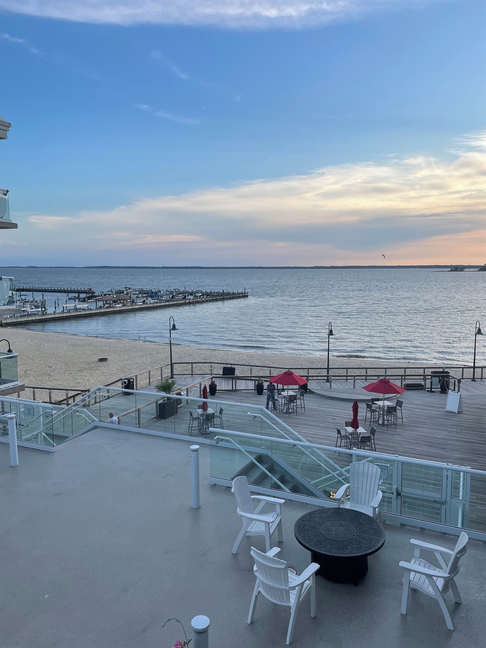 View of bay and boardwalk from rooftop