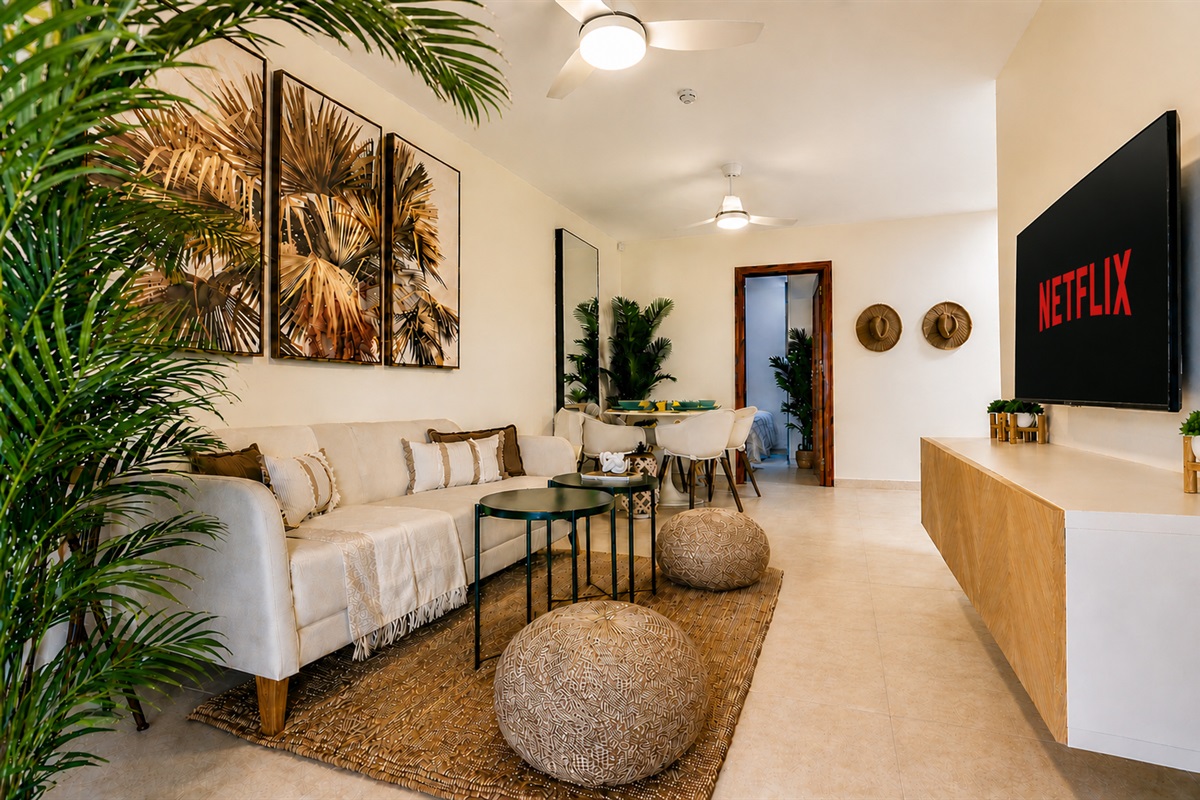 Elegant and bright open-plan living room, thoughtfully designed for style and comfort - the heart of the bungalow, perfect for relaxing and feeling at home in Fuerteventura.