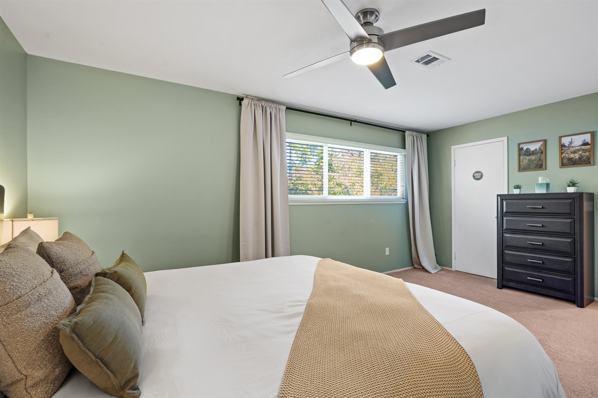 Retreat to the spacious primary bedroom featuring a plush king bed and a calm, relaxing atmosphere.