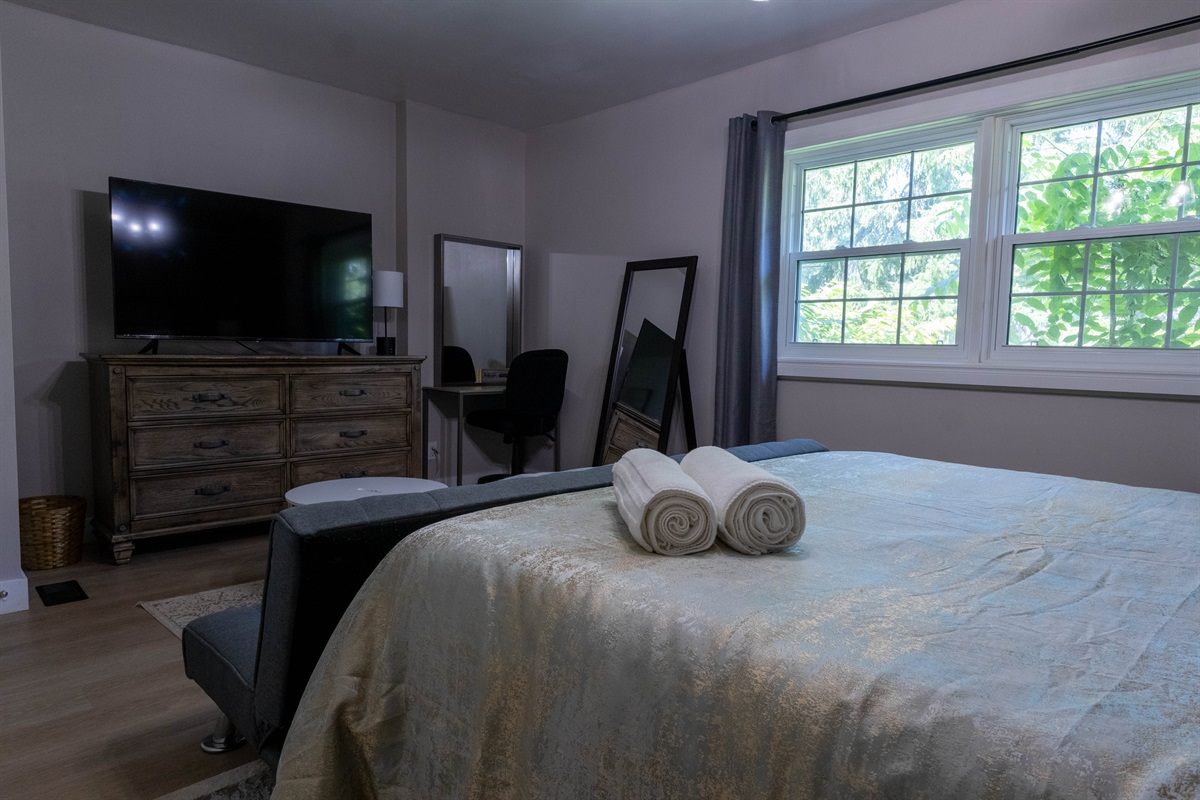 primary bedroom TV, pull down couch and small desk