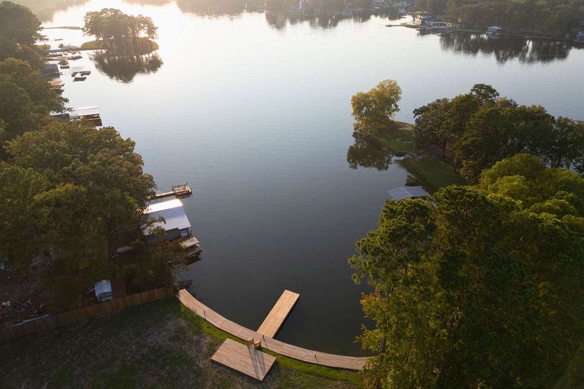 From above, the dock and shoreline capture the peaceful pace of lake life.