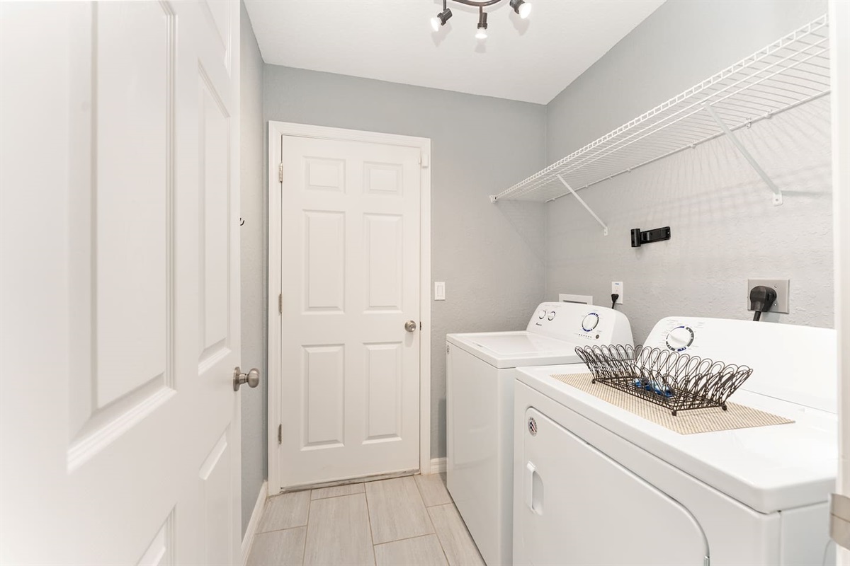 Washer and dryer for your use.  A complimentary starter supply of laundry pods is provided. 