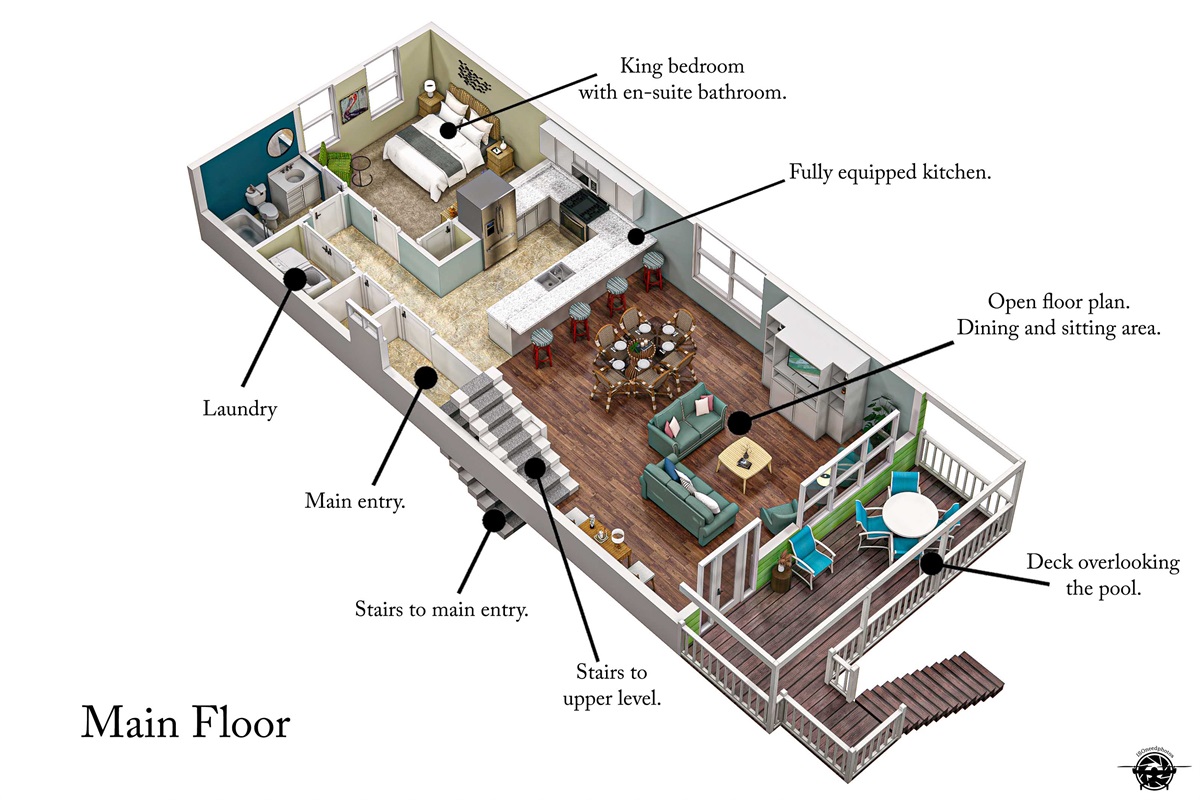 [#FloorPlan] Main level floor plan of the home, which shows the layout of the rooms and the entry points to the home. The main level offers an open floor plan, which allows for everyone in the group to gather and spend time together! 