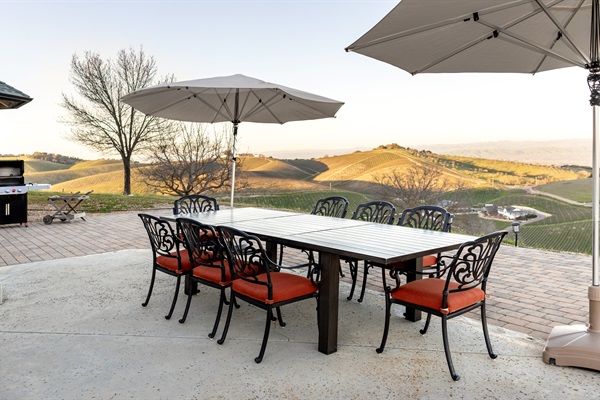 Dine al fresco above the vines. The outdoor patio seats ten with a full-size gas grill, vineyard views in every direction, and golden evening light that makes every meal feel like an occasion.