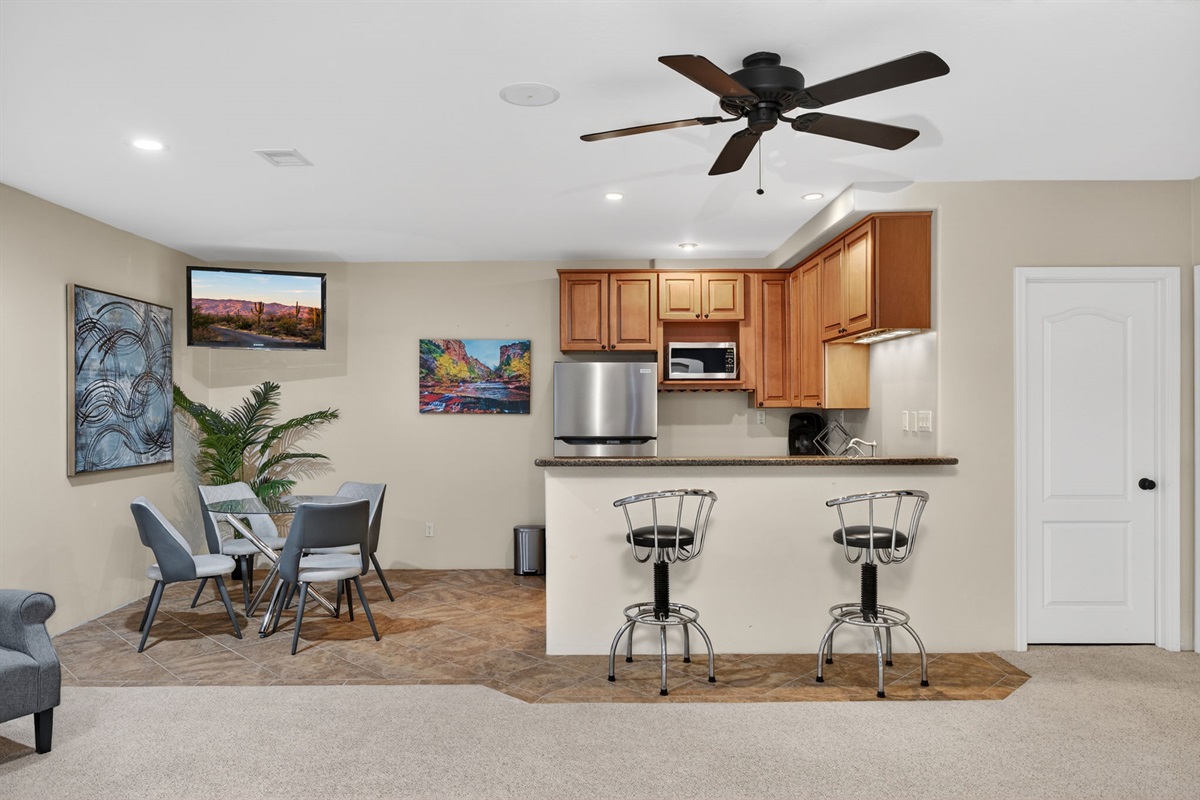 Private basement kitchenette and dining space adds flexibility for extended stays and multi-family travel