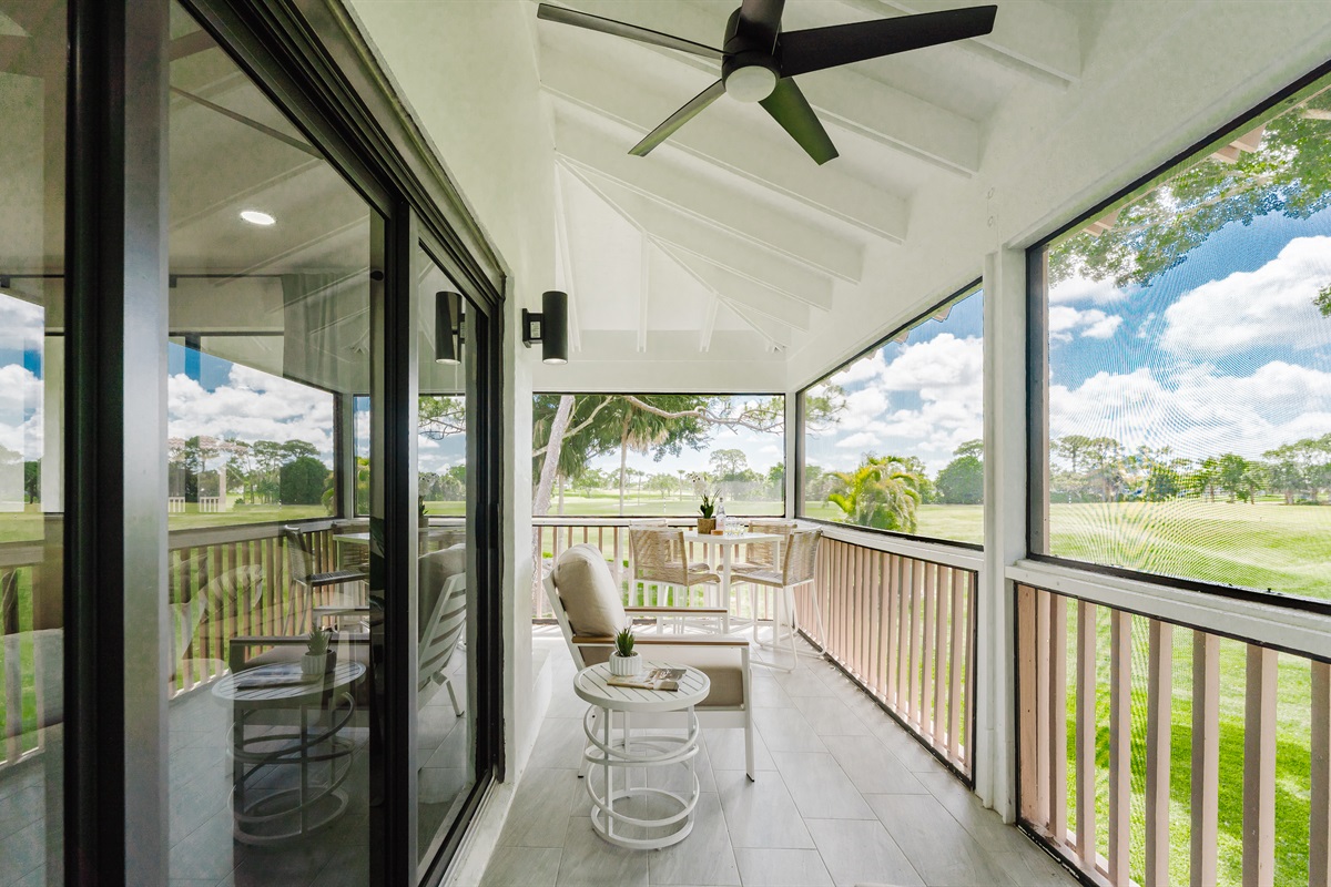 Enjoy morning coffee or evening drinks with scenic fairway views. A pristine outdoor setting perfect for relaxing and unwinding.