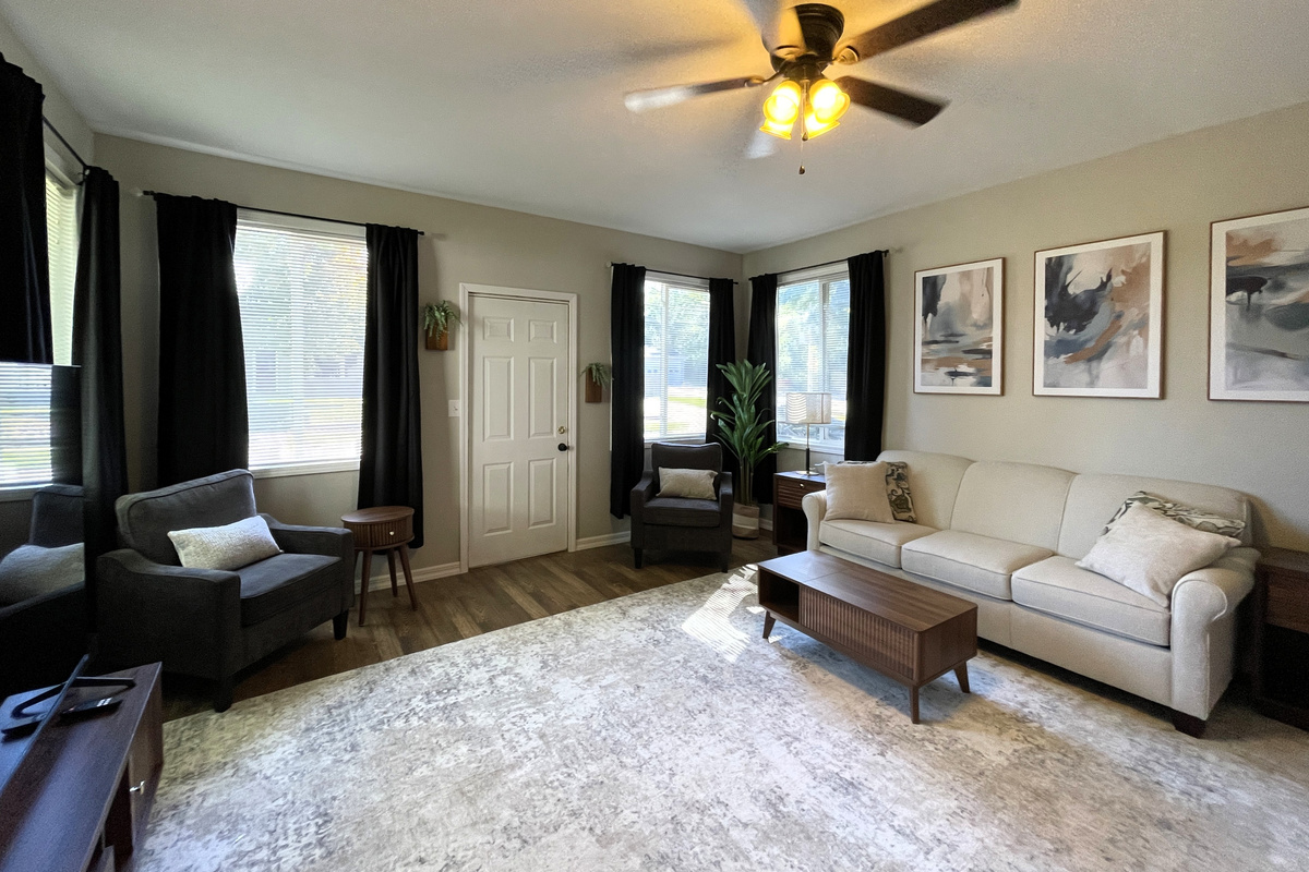 Spacious and Airy Living Room with 75" Smart TV