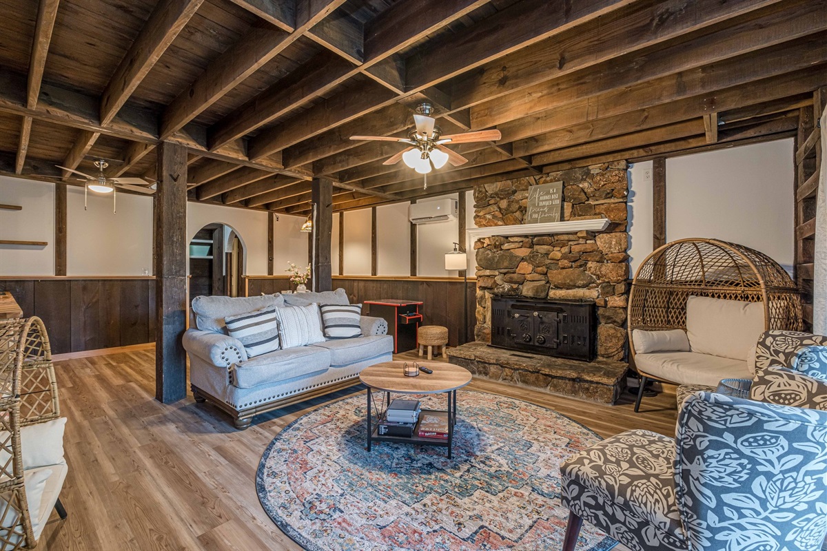 Basement Level Living Room with second Wood Burning Fireplace