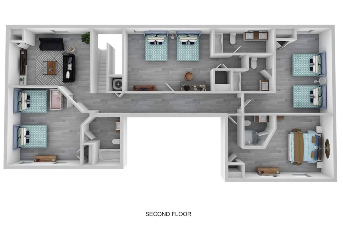 Second Floor Plan: Upper Level Living Room w 2 Futon Beds, 1 King Bedroom, Double Queen Bedroom with Crib, Double Queen Bedroom, Double Queen Bedroom.
