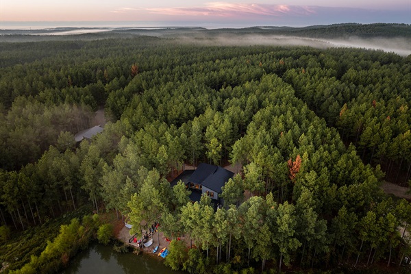 A breathtaking drone shot at sunrise, showcasing the cabin’s idyllic setting among endless pine trees. The Cove is the perfect retreat for those seeking peace, serenity, and outdoor adventure.
