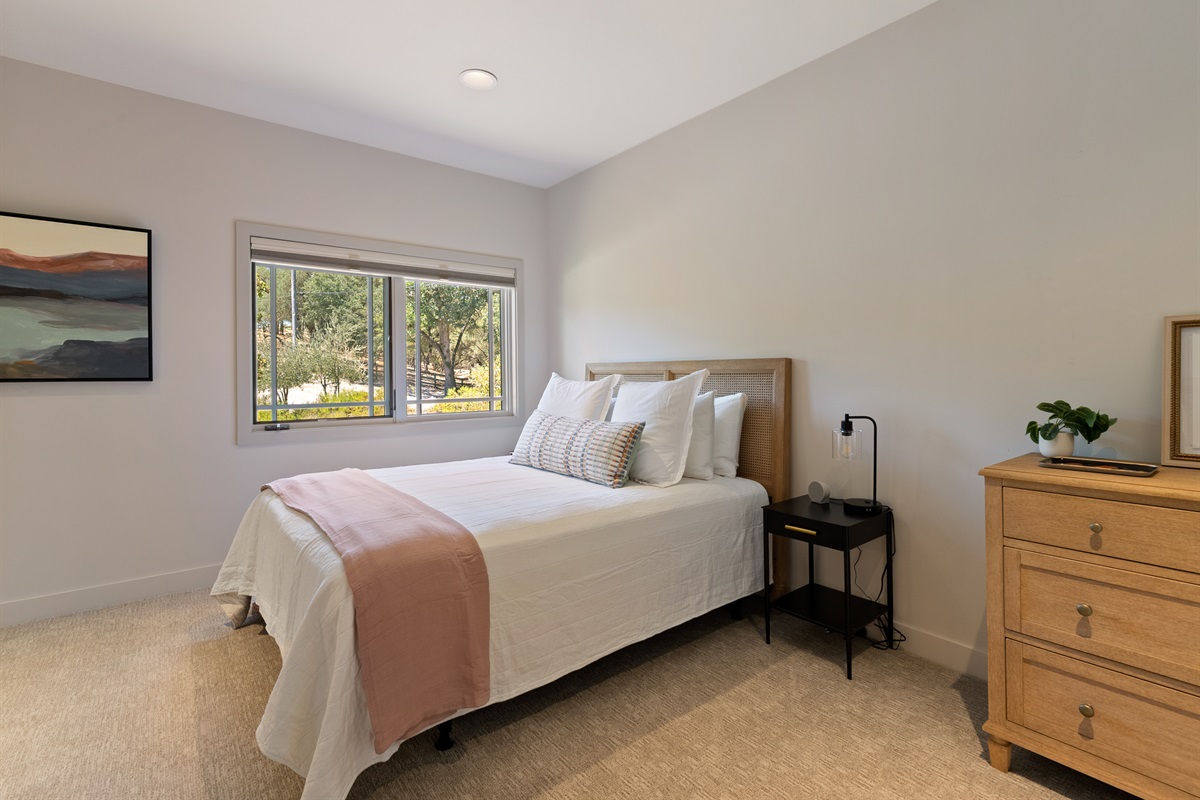 Your downstairs retreat: queen bed + private bathroom