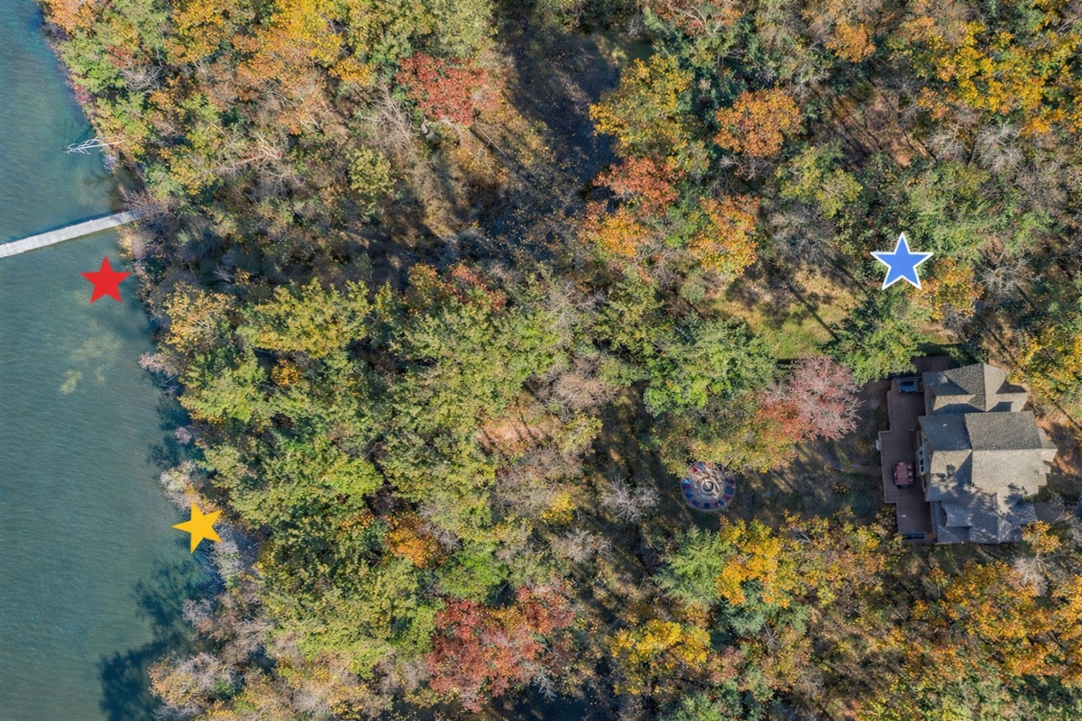 Aerial view of proximity to dock and beach. Note the home is on the Lake but there is a short walk to access. Home is marked by blue star, pier is marked by red star, and beach marked gold.