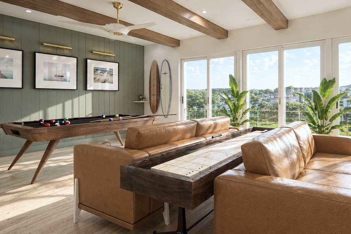 Game Room featuring a Pool Table, Custom-Glass Ping Pong, Shuffleboard, Foosball, and Arcade Games | Rendering 