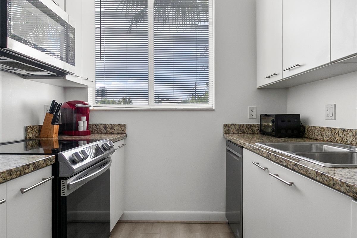 Fully equipped galley kitchen, stocked for daily meals or family cooking