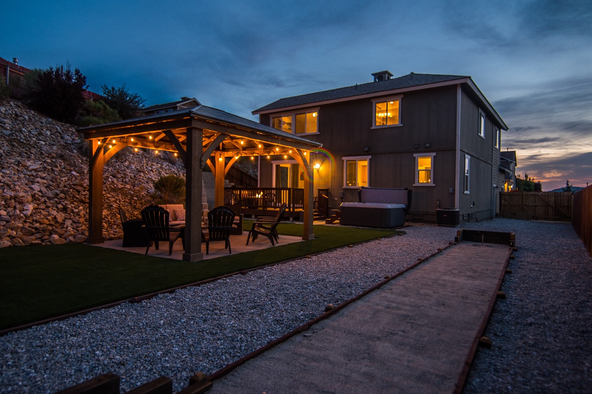 backyard; gazebo, horseshoe