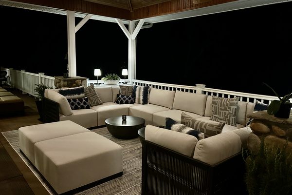 Comfortable outdoor seating designed for connection, conversation, and lake views