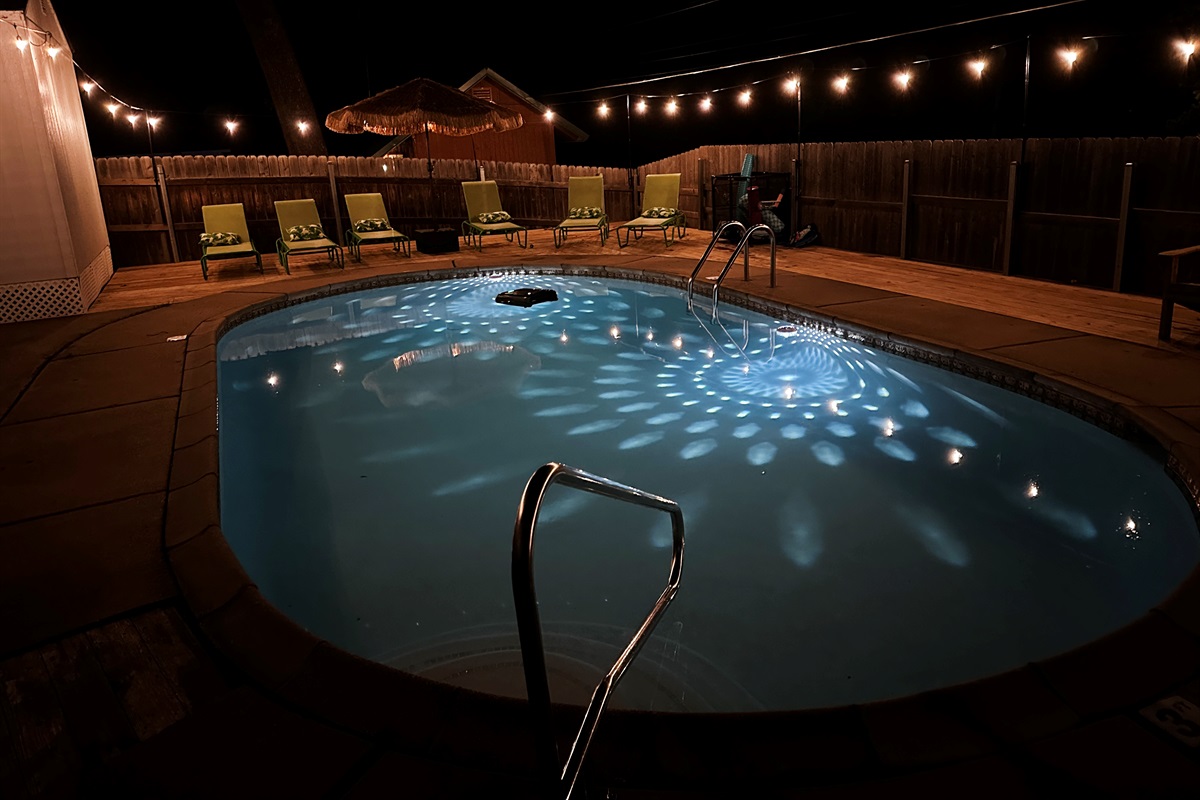 Nighttime view of the pool