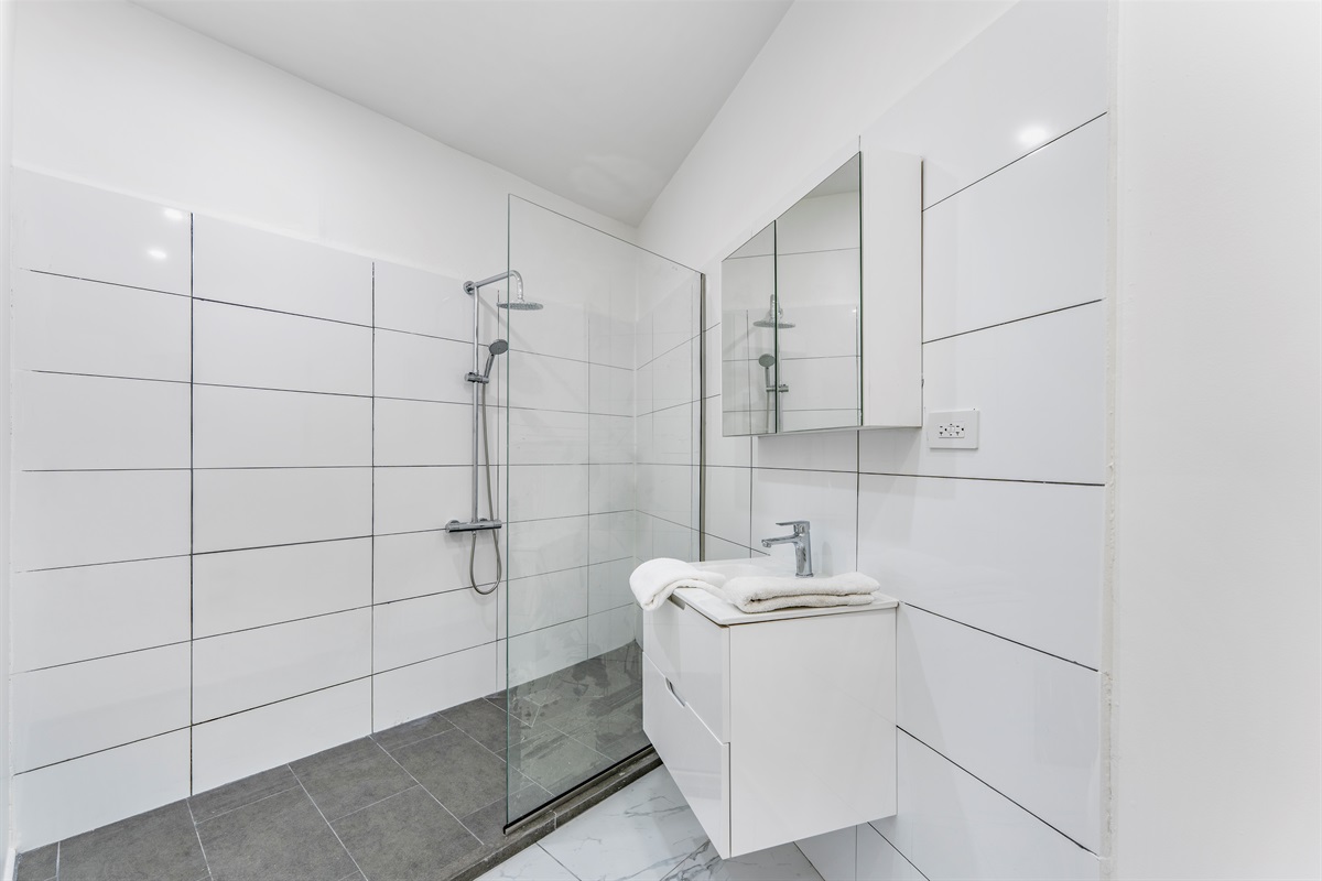 Shower to ground floor bedroom:  Modern walk-in shower with glass partition and vanity