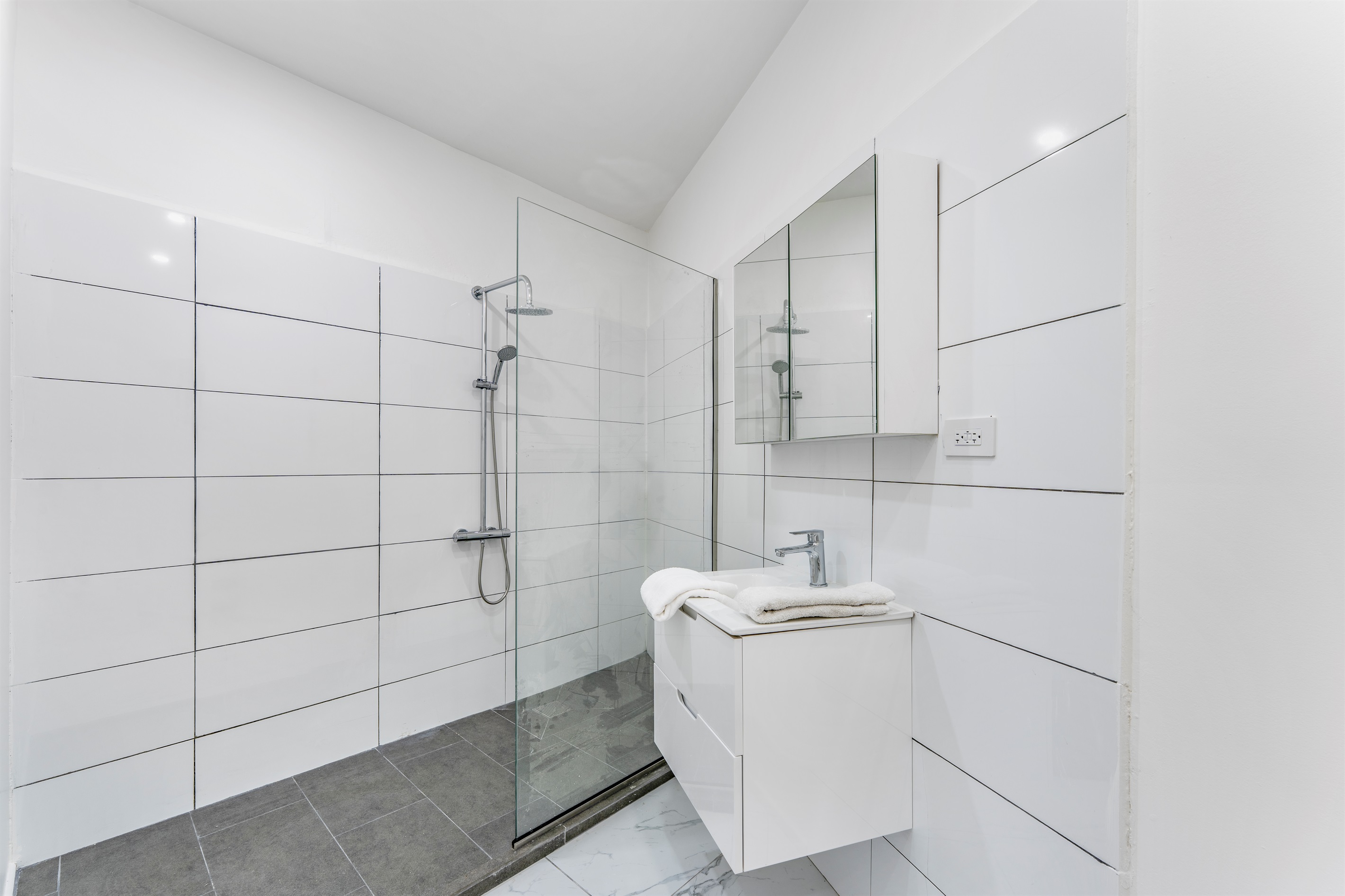 Shower to ground floor bedroom:  Modern walk-in shower with glass partition and vanity