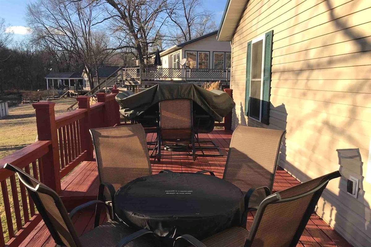 Propane fire pit on the deck for those evenings when a fire flame makes life a little more relaxing. 