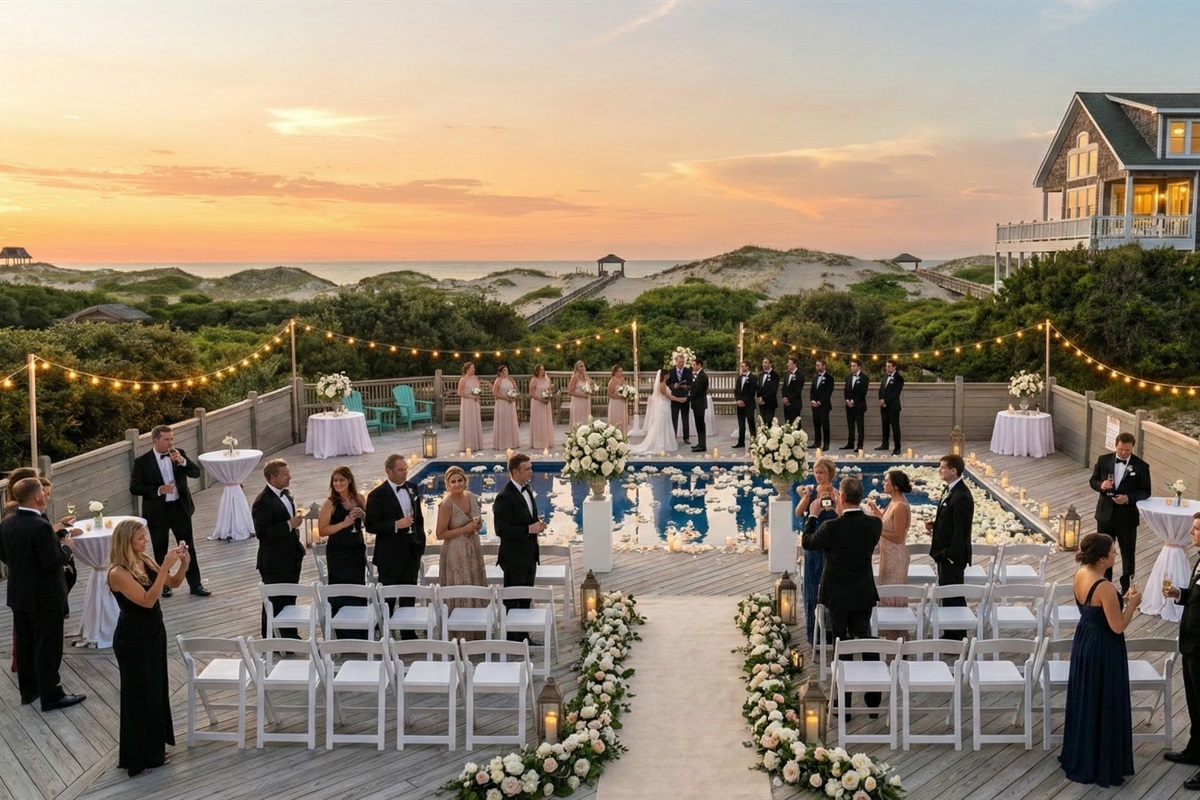 Elegant wedding reception on the upper deck overlooking the ocean at sunset.