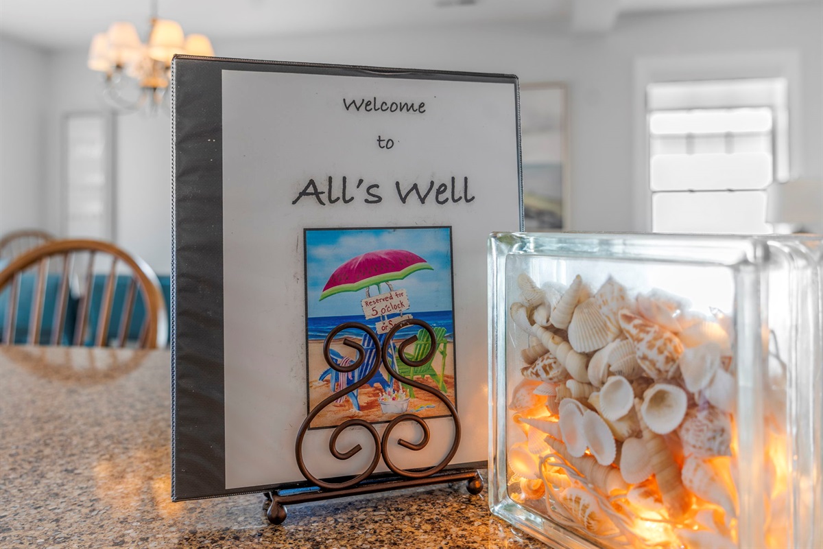 The welcoime book offers information about the neighborhood and the island. Including places to eat, play and shop. Check it out!