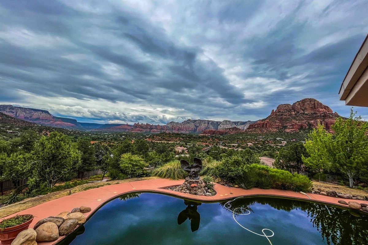 Sedona’s beauty….
This view of the rocks with the pool and sculpture in the forefront, is something you have to see in person. 

Pool is NOT heated