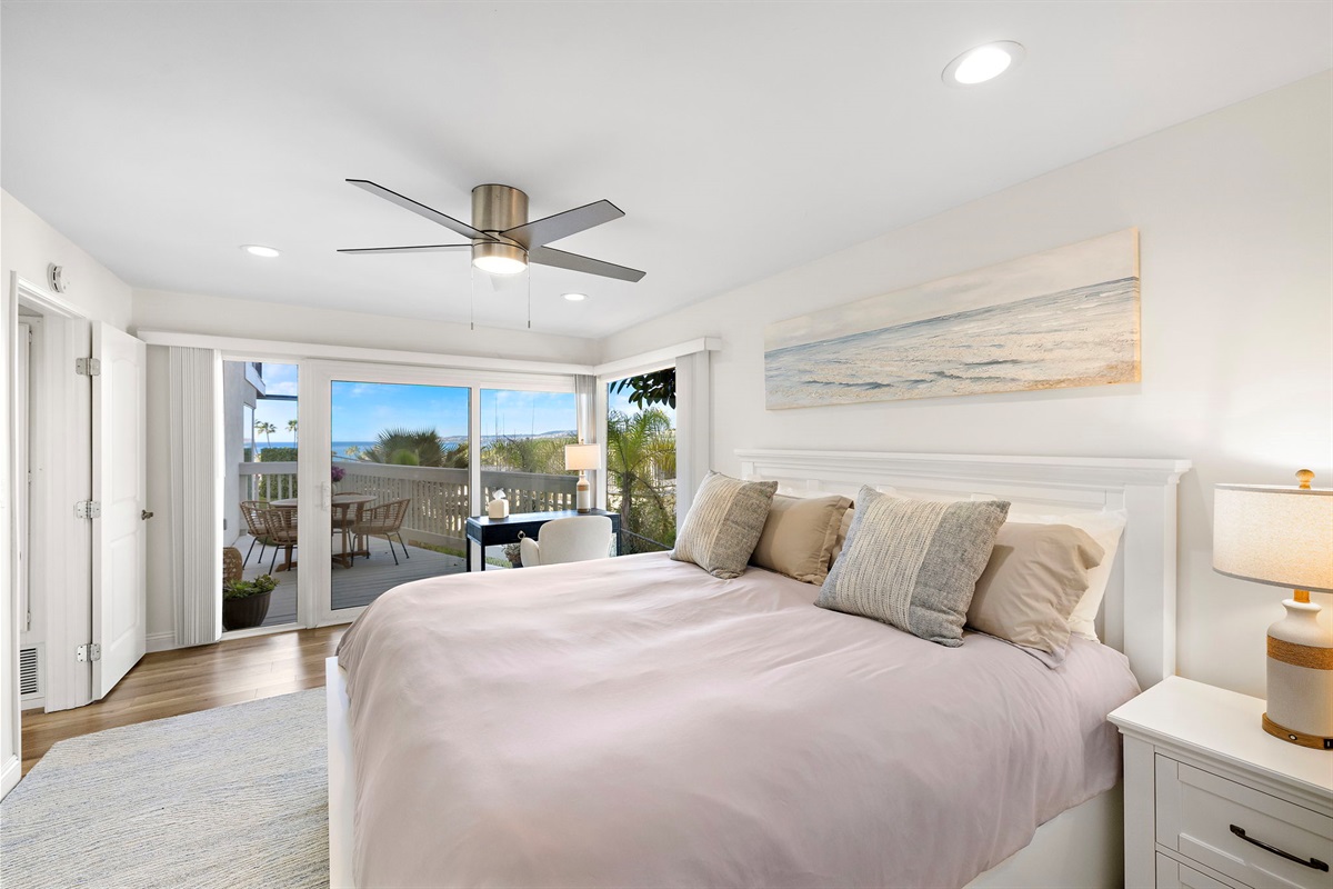 Designed for exceptional rest, the primary bedroom offers a plush DreamCloud mattress, ultra-soft luxury linens, a quiet ocean-view desk for work or reflection, and direct access to a private deck ideal for morning coffee or evening cocktails.