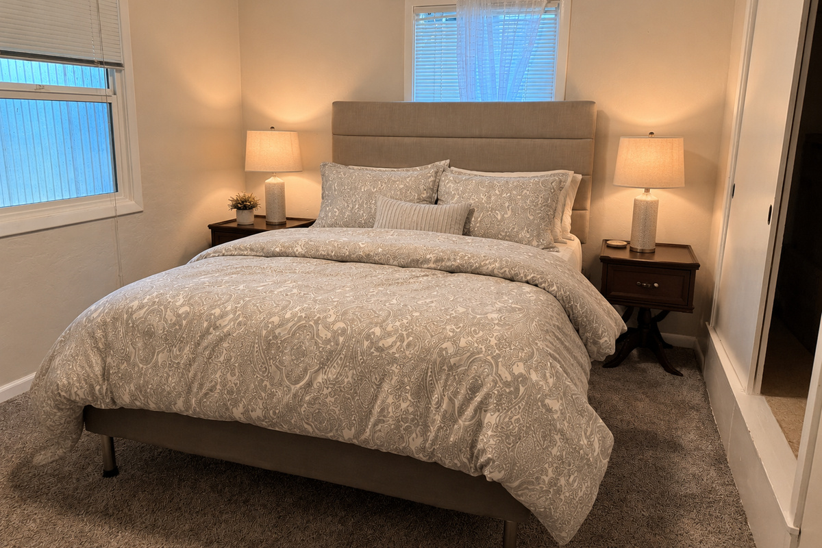 Secondary bedroom with queen bed and large closet 