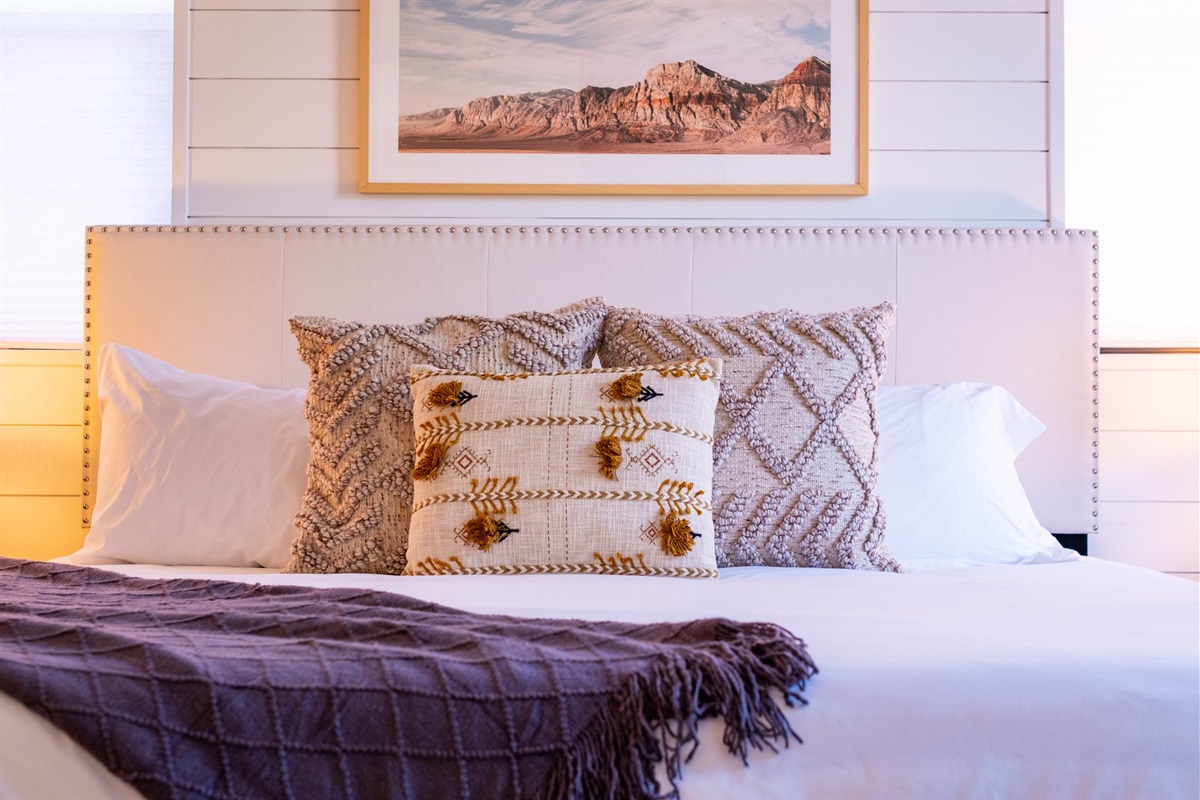 {Bedroom 1} Desert Themed Decor, King Bed, Ensuite Bath.