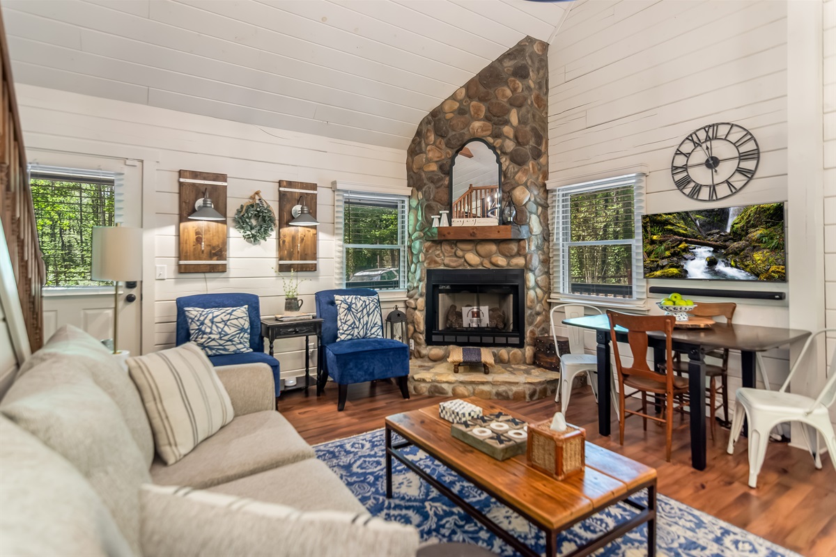 Cozy living room to snuggle up to a warm fire and a movie 