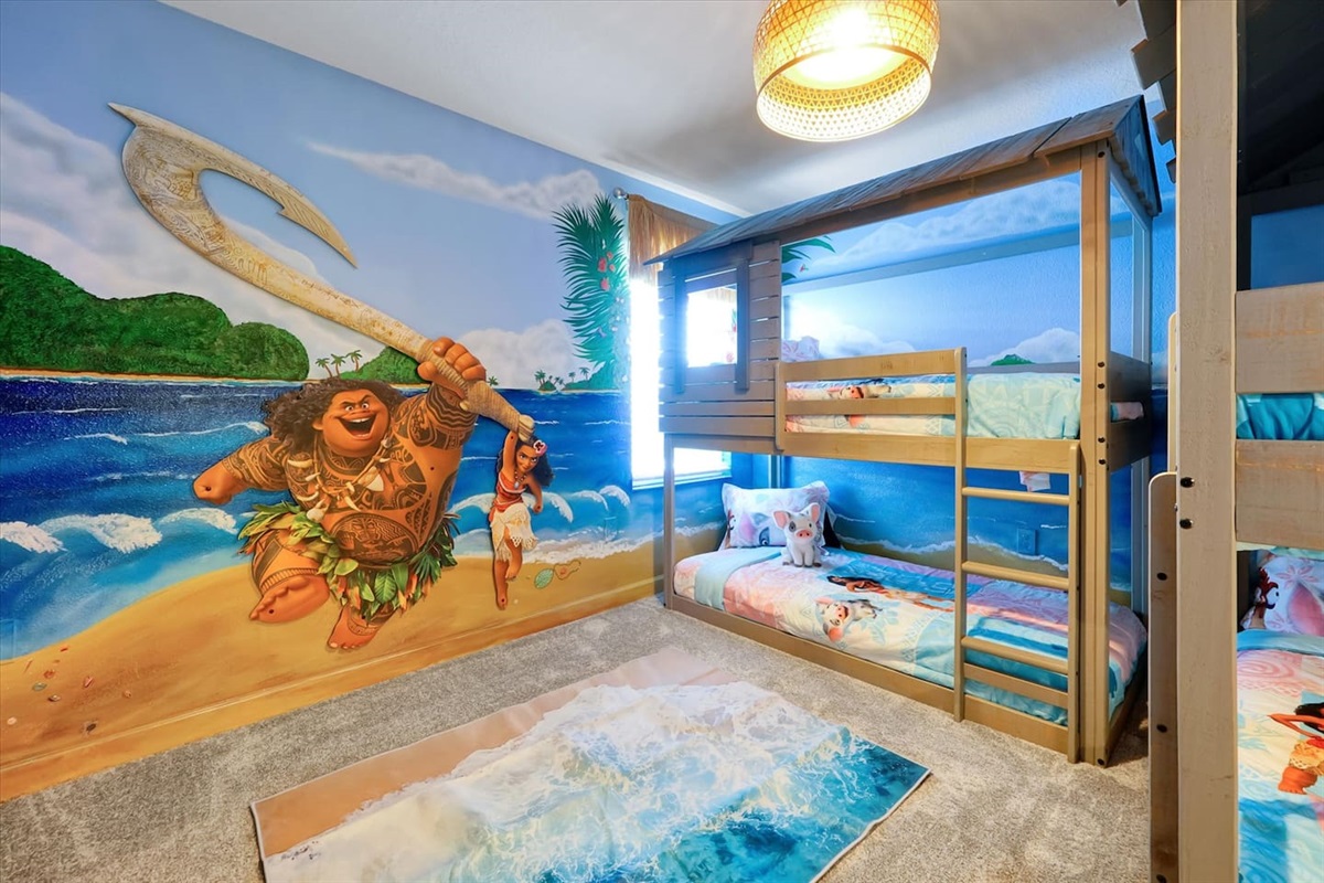 Let the kiddos enjoy the views of the ocean in our Moana themed bunk room. 360 degree ocean/island views will keep your littles in awe.